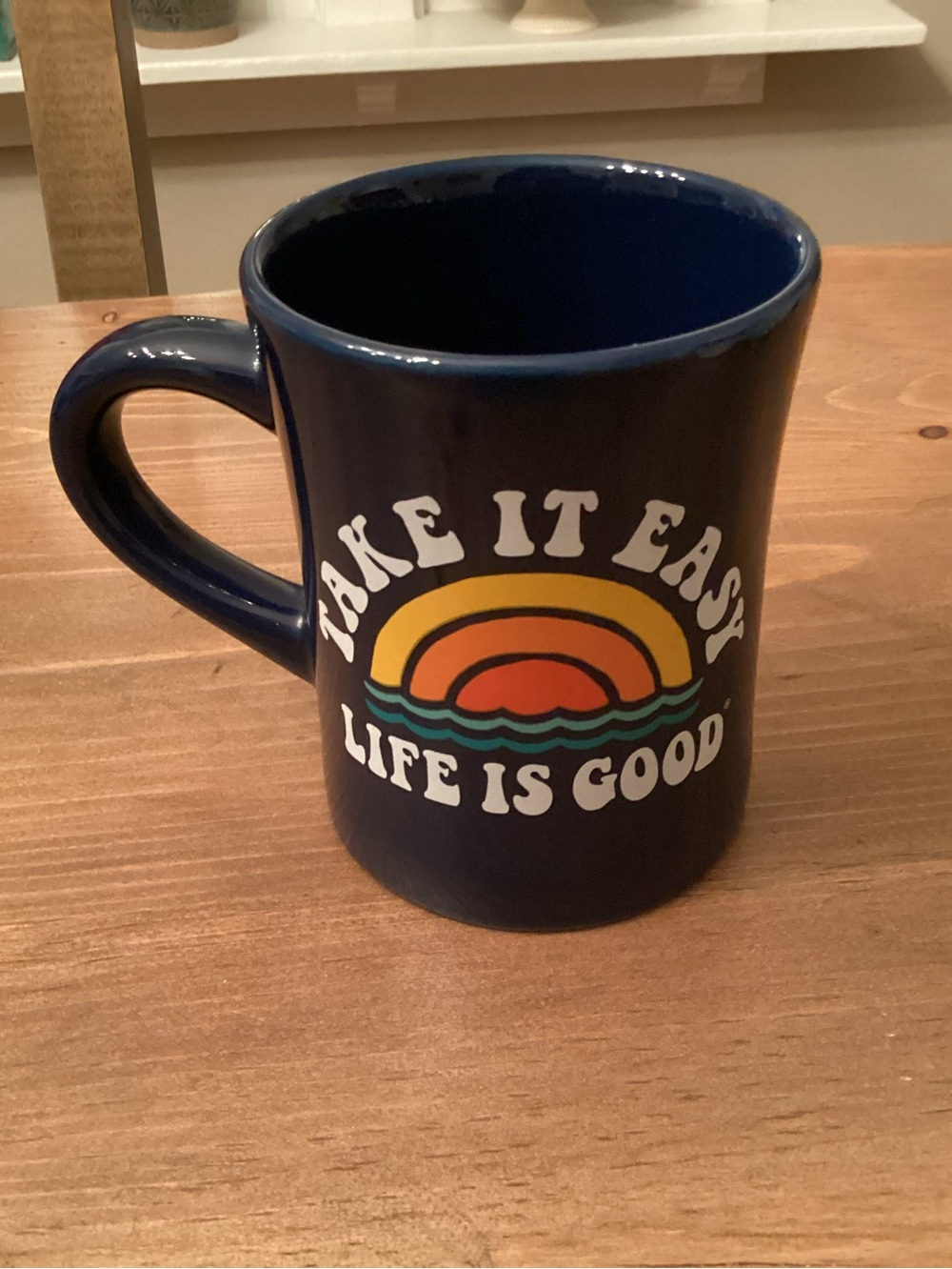 LIFE IS GOOD "TAKE IT EASY" DARK BLUE DINER MUG 15 OZ RAINBOW
